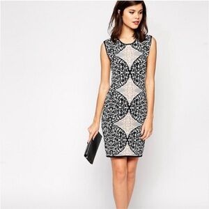 NWOT BCBGMaxAzria Black and White w/Tan Geometric Body Con Dress